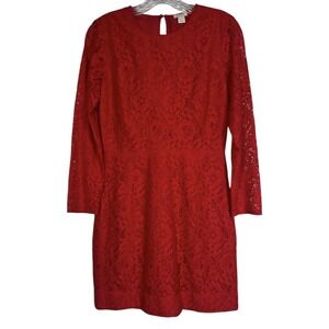 J Crew Sz 2 Dress Red Lace Lined Long‎ Sleeve Knee Length Cocktail Party
